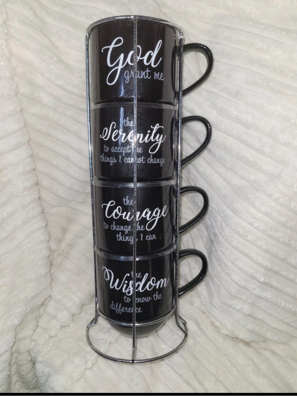 Stackable Black Inspirational Mug Set with Stand